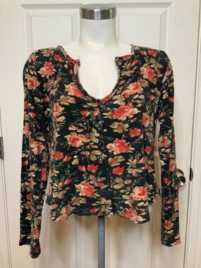 Pilcro & The Letterpress Anthropologie Black Waffle V-Neck Floral Top, Size XS